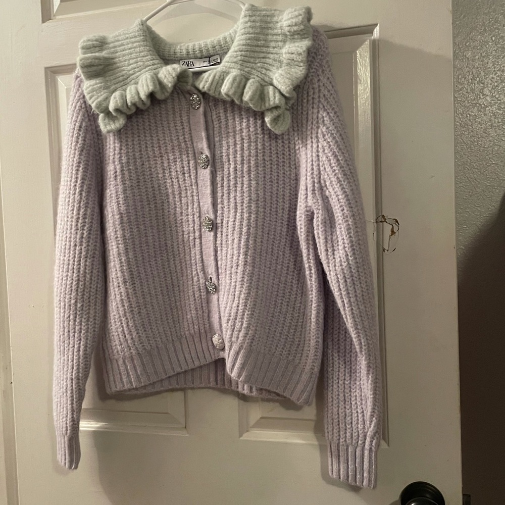 Zara Lilac Knit Cardigan with Mint Green Ruffle Collar